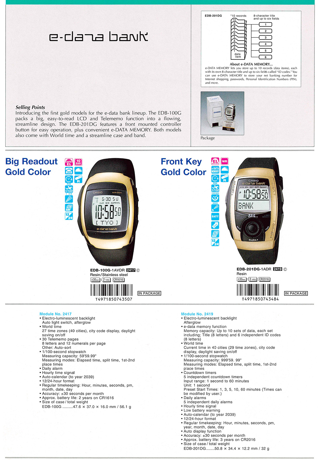 CASIO, Digital, Vintage, e-databank, big-readout, e-DATA-memory, Telememo, Front-key, EDB-100G-1AV, EDB-201G-1A