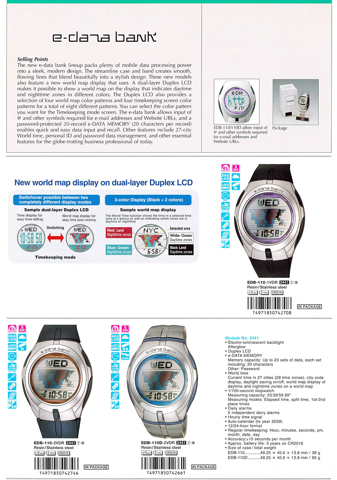 CASIO, Digital, Vintage, e-databank, Duplex-LCD, e-DATA-memory, dual-time, World-Map, EDB-110-1V, EDB-110-2V, EDB-110D-2V