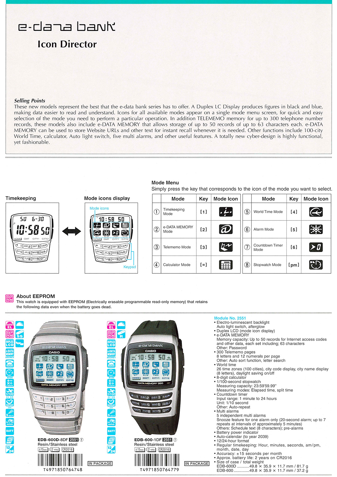 CASIO, Digital, Vintage, e-databank, e-DATA-memory, Telememo, ICON-Director, Mode-icons, EEPROM, EDB-600D-8, EDB-600-1