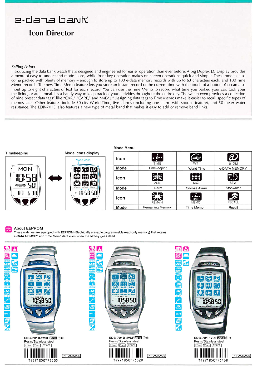 CASIO, Digital, Vintage, e-databank, e-DATA-memory, Telememo, ICON-Director, Mode-icons, EEPROM, EDB-701D-2V, EDB-701D-8V, EDB-701-1V, EDB-701M-7V