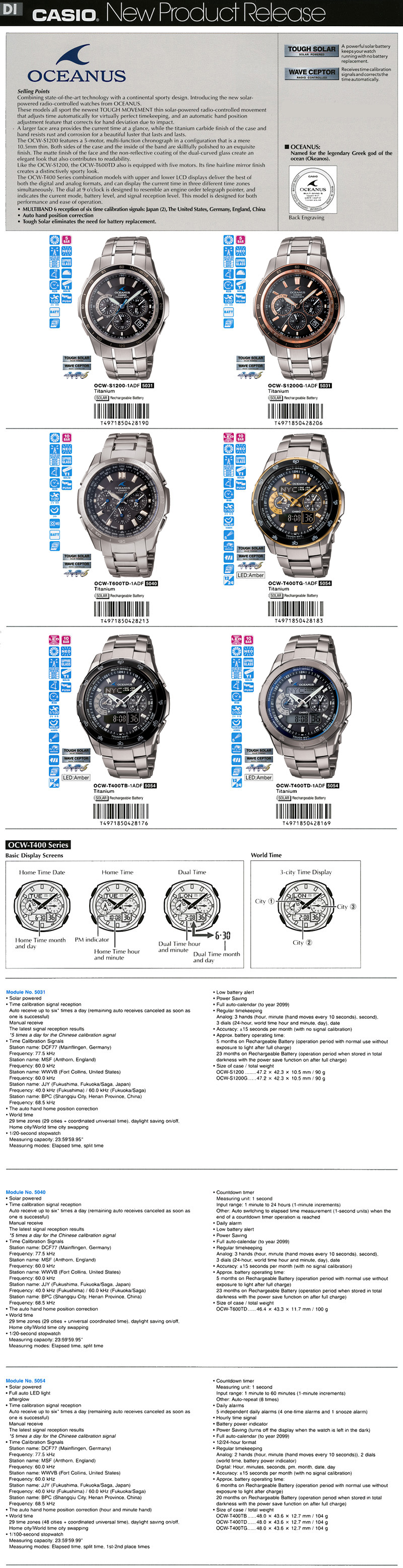Watch, Oceanus, solar-powered, wave ceptor, radio-controlled, multiband 6, OCW-S1200-1A, OCW-S1200G-1A, OCW-T600TD-1A, OCW-T400TG-1A, OCW-T400TB-1A, OCW-T400TD-1A