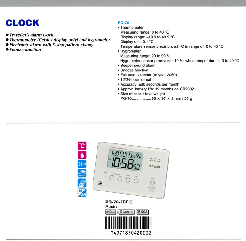 Clock, Digital, Traveller's alarm clock, Thermometer, Snooze, PQ-70