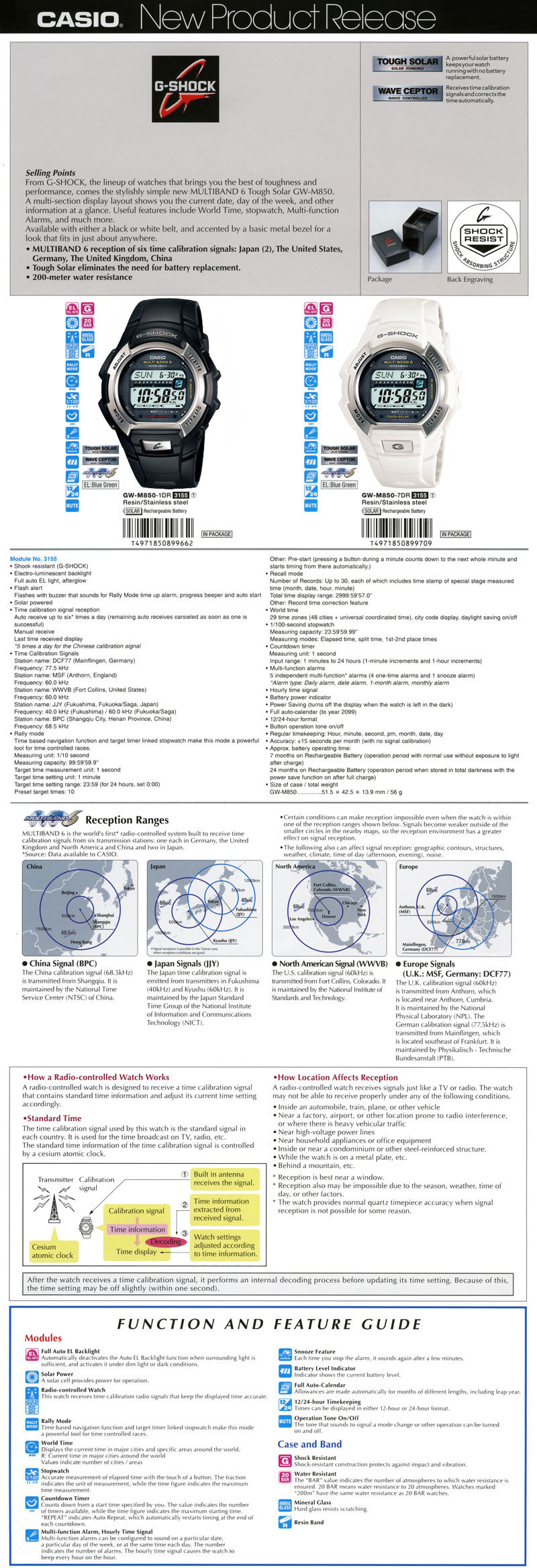 Watch, G-Shock, Multiband 6, Tough Solar, GW-M850-1, GW-M850-7