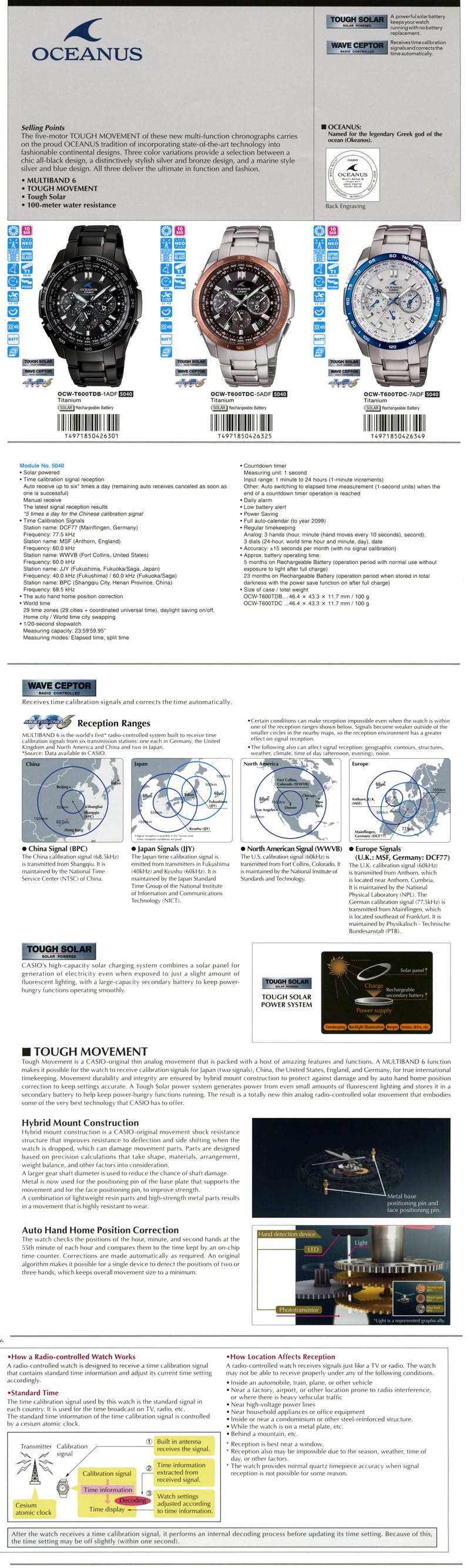 Oceanus, Tough Solar, Wave Ceptor, Multiband 6, Tough Movement, OCW-T600TDB-1A, OCW-T600TDC-5A, OCW-T600TDC-7A