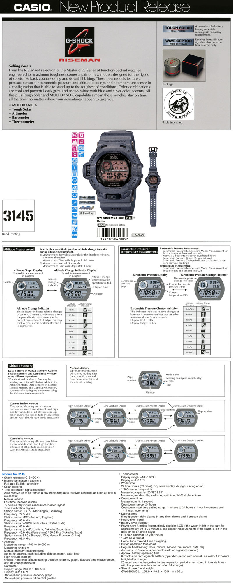 G-Shock, Riseman, Dark Grey, Tough Solar, Wave Ceptor, Multiband 6, Altimeter, Barometer, Thermometer, 3145, GW-9200MSJ-8