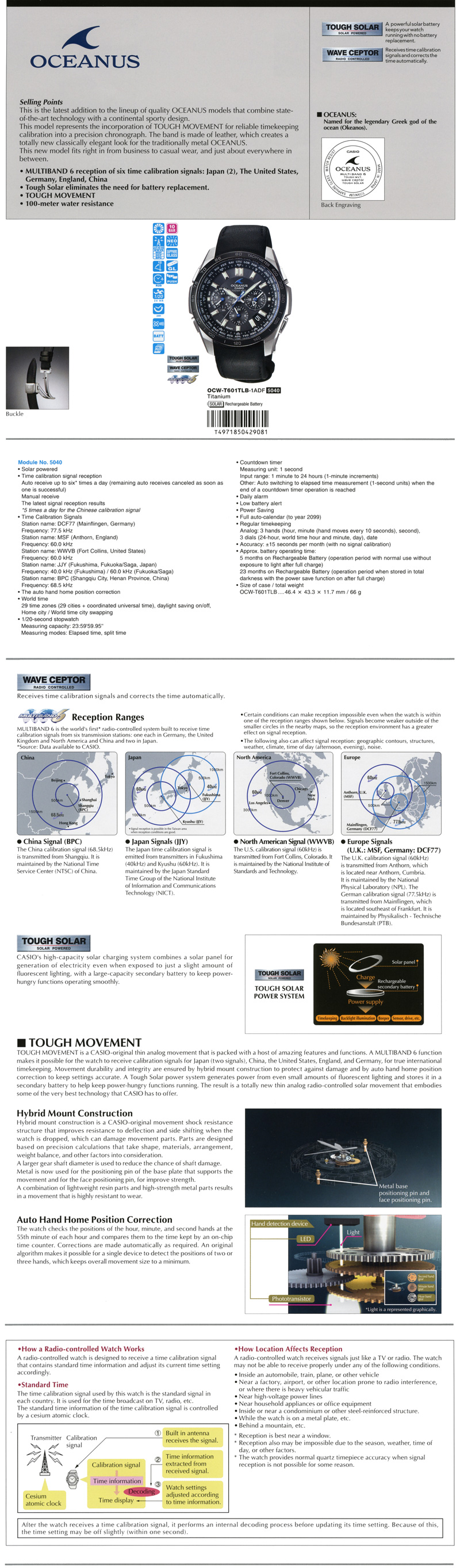 OCEANUS, MULTIBAND 6, Tough Solar, Tough Movement, 100-meter water resistance, leather band, OCW-T601TLB-1A