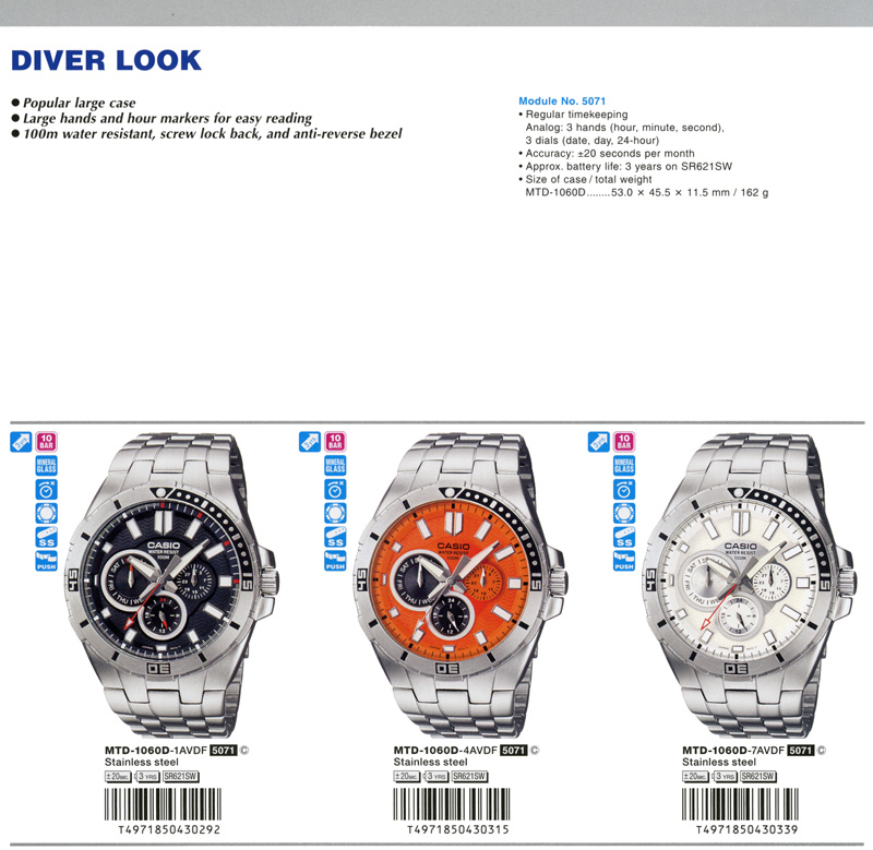 Standard Analog, Diver Look, anti-reverse bezel, MTD-1060D-1AV, MTD-1060D-4AV, MTD-1060D-7AV