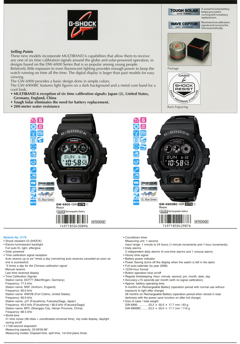 G-Shock, Tough Solar, Wave Ceptor, Multiband 6, 200-meter water resistance, GW-6900-1, GW-6900BC-1