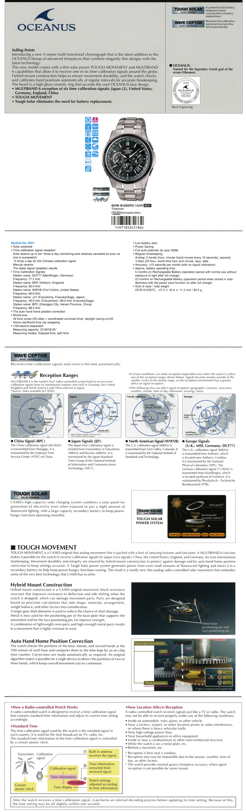 Oceanus, Wave Ceptor, Multiband 6, Tough Solar, Tough Movement, 5-motor, multi-functional, chronograph, combine elegantly thin, OCW-S1250TC-1A1