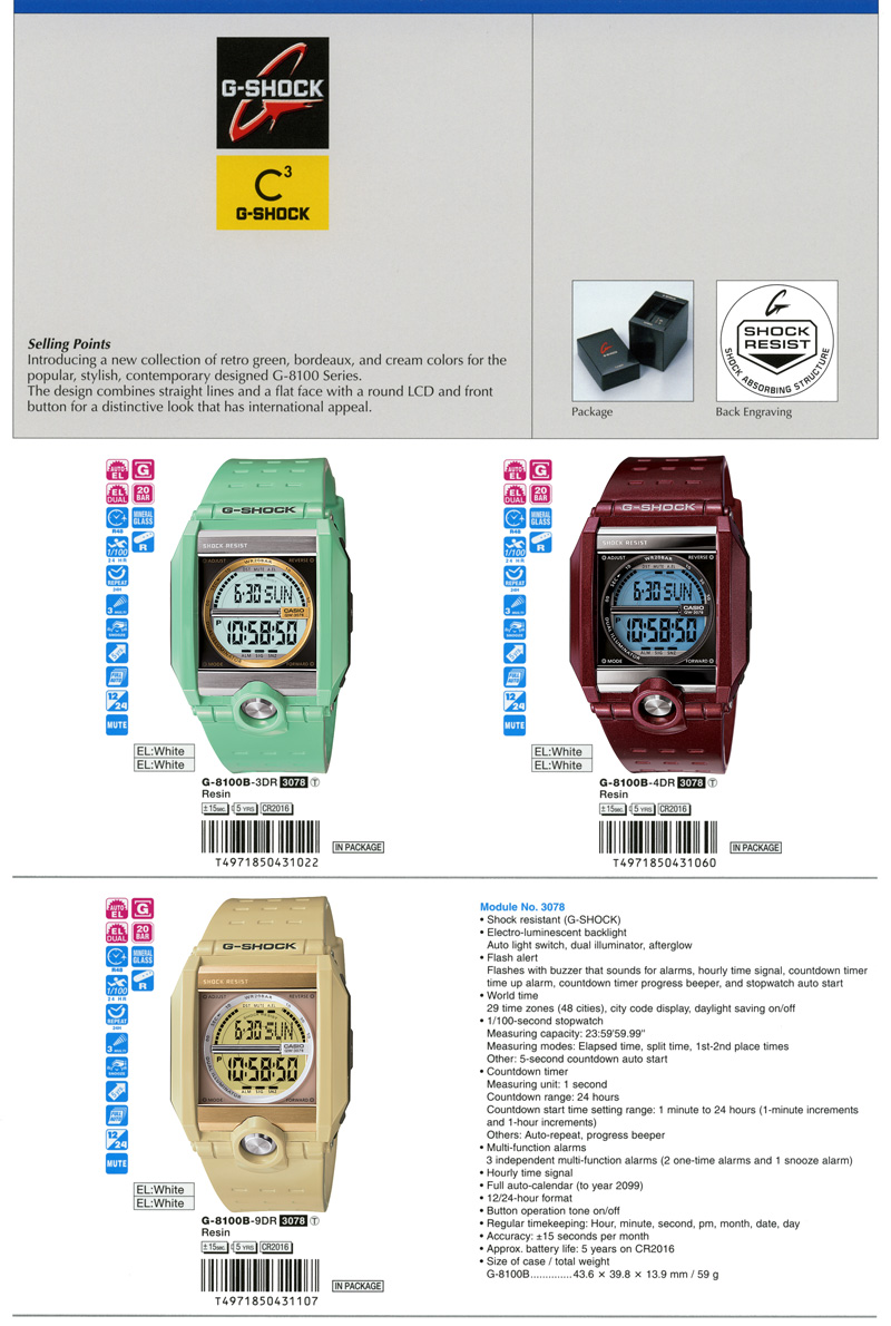 G-Shock, C3, C-Cubed, Retro green bordeaux, cream, G-8100B-3, G-8100B-4, G-8100B-9