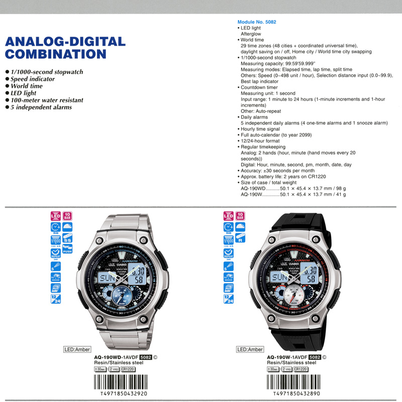 ANALOG-DIGITAL COMBINATION, LED lght, 100-meter water resistant, Speed indicator, 5 independent alarms, AQ-190WD-1AV, AQ-190W-1AV