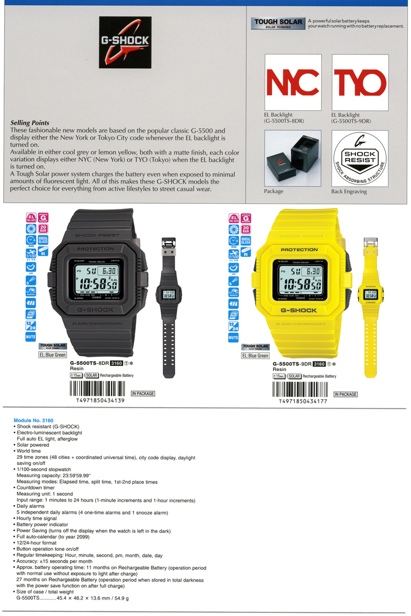 G-Shock, NYC, TYO, EL Backlight, New York, Tokyo, cool grey, lemon yellow, Tough Solar, fluorescent light, street casual wear, G-5500TS-8, G-5500TS-9