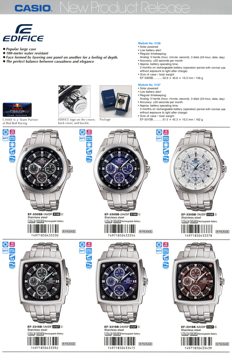 Edifice, Red Bull Racing, Large case, 100-meter water resistant, casualness, elegance, EF-330SB-1AV, EF-330SB-2AV, EF-330SB-7AV, EF-331SB-1AV, EF-331SB-2AV, EF-331SB-5AV