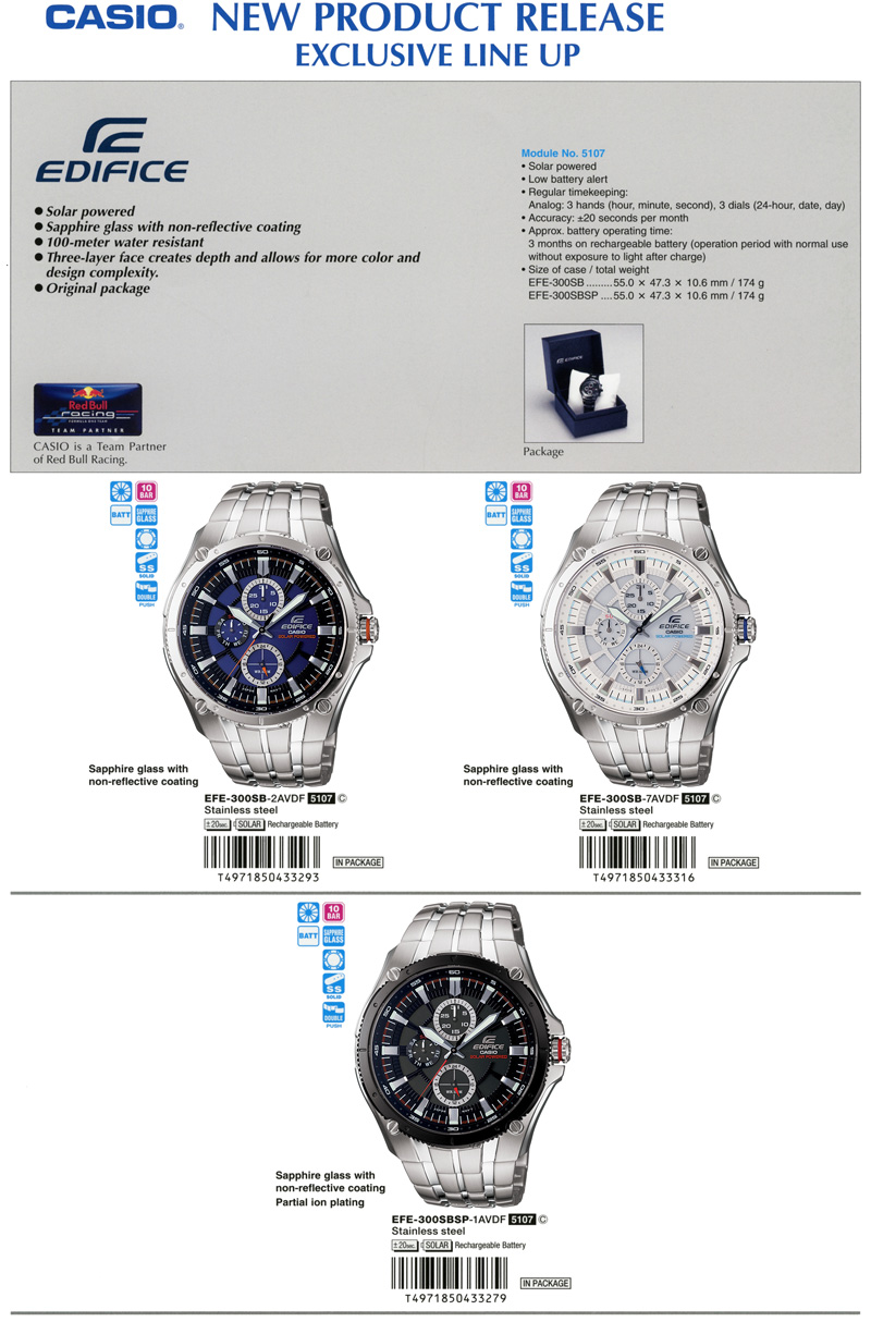Edifice, Red Bull Racing, 100-meter water resistant, Solar pwered, Sapphire glass, non-reflective coating, three-layer face, EFE-300SB-2AV, EFE-300SB-7AV, EFE-300SBSP-1AV