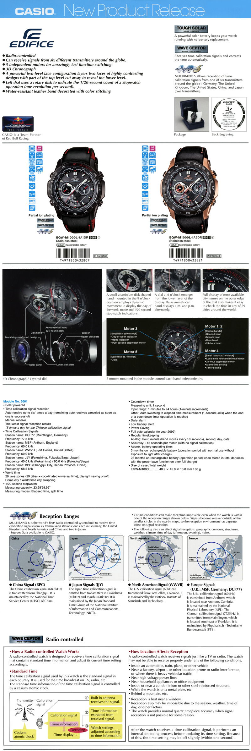 Edifice, Red Bull Racing, Radio-controlled, 5 independent motors, water-resistant, leather band, Tough Solar, Wave Ceptor, Multiband 6, ion plating, EQW-M1000L-1A1, EQW-M1000L-1A2