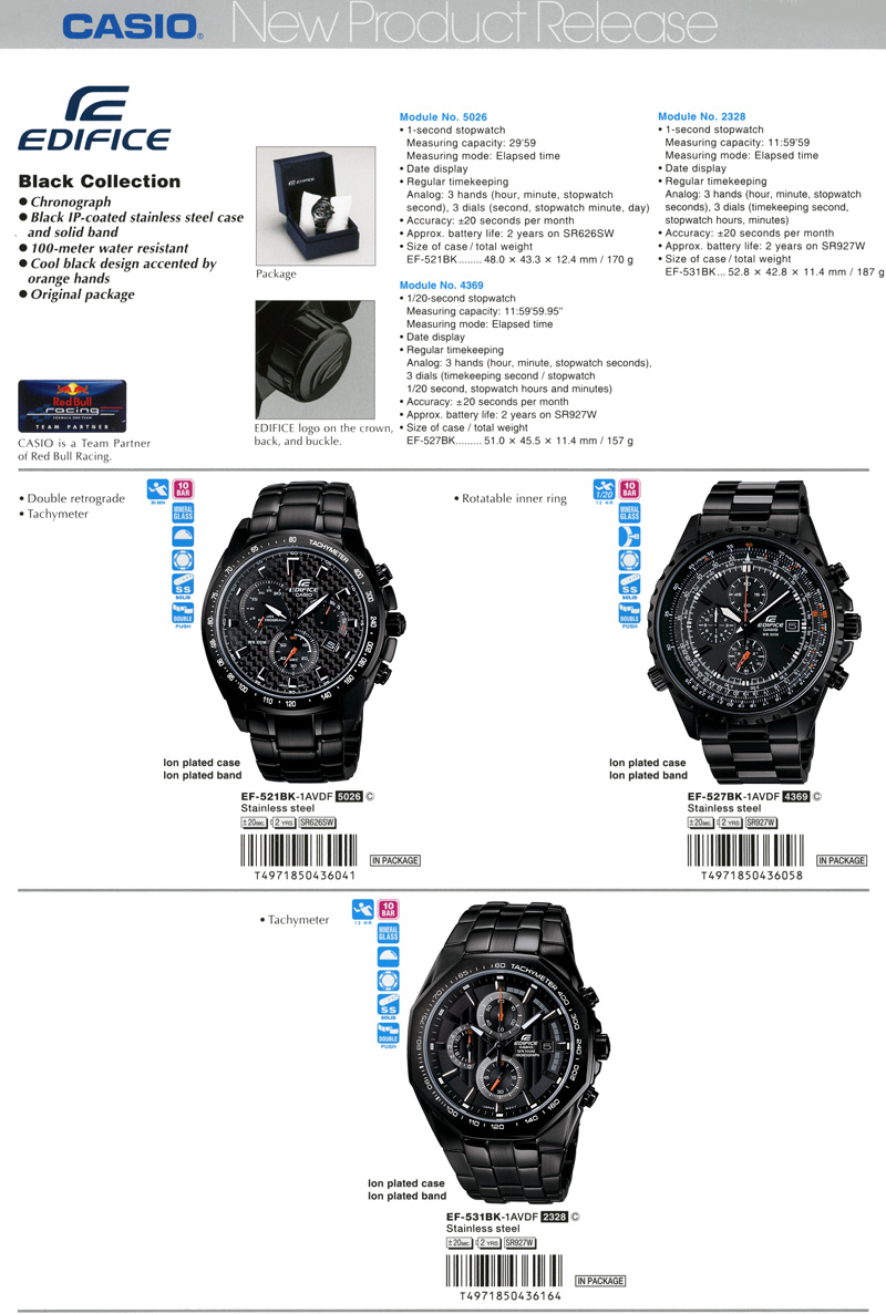 Edifice, Black Collection, Chronograph, IP-Coated, 100-meter, water resistant, Red Bull Racing, EF-521BK-1AV, EF-527BK-1AV, EF-531BK-1AV
