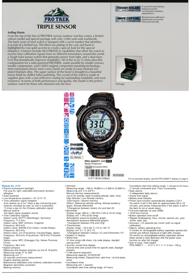 Protrek, Triple Sensor, limited edition, 1,000 unit sold worldwide, Tough Solar, Wave Ceptor, Multiband 6, 11.3mm, ultra-thin, rose gold, skillful sallaz polishing, water-resistant, ion-plated, Titanium alloy, PRX-2000YT-1