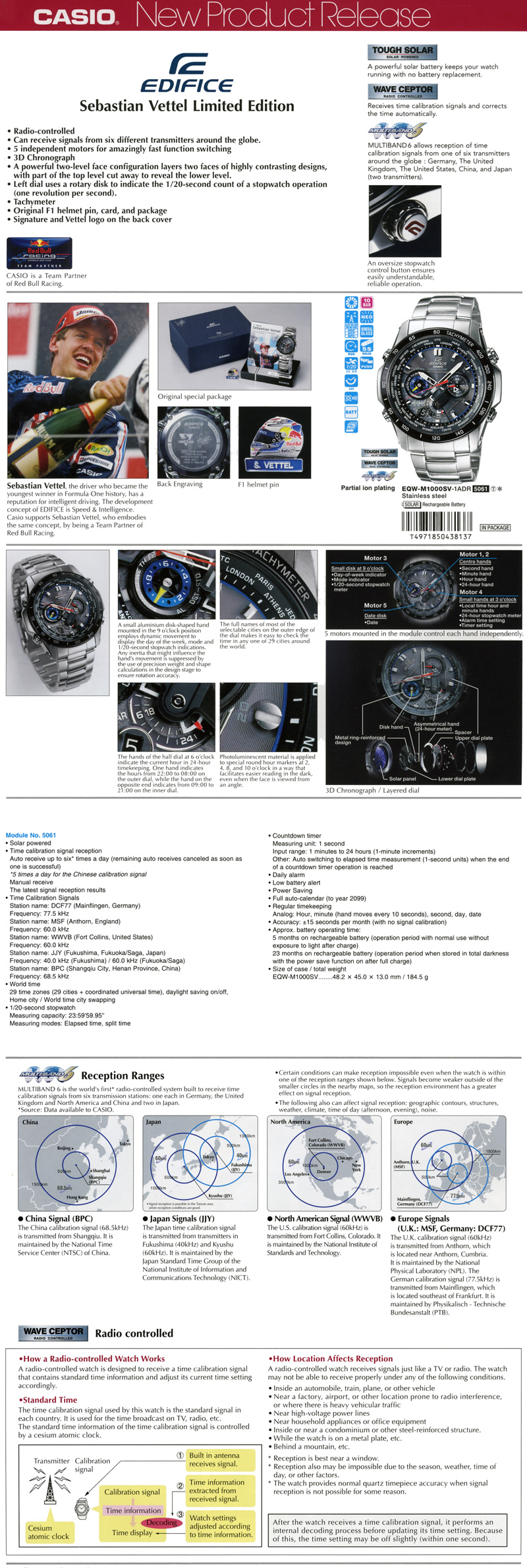 Edifice, SEBASTIAN VETTEL, Limited Edition, Tough Solar, Wave Ceptor, Multiband 6, Radio-controlled, 3D Chronograph, F1 helmet pin, card, package, Red Bull Racing, Partial ion plating, EQW-M1000SV-1A