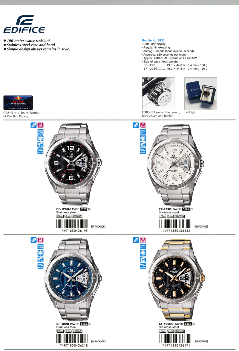 Edifice, 100-meter, water resistant, Stianless steel, simple disign, Red Bull Racing, EF-129D-1AV, EF-129D-7AV, EF-129D-2AV, EF-129SG-1AV