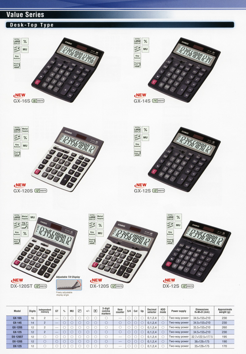 Calculators, Practical, Desk-Top type, Value Series, GX-16S,GX-14S, GX-120S, GX-12S, DX-120ST, DX-120S, DX-12S