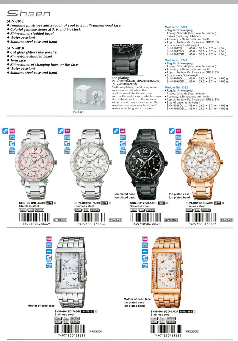Sheen, Feminine pinstripes, Rhinestones-studded bezel, water-resistant, glitter, jewelry, twin face, stainless steel, ion-plating, Mother of pearl face, SHN-3012D-4A, SHN-3012D-7A, SHN-3012BD-1A, SHN-3012GD-7A, SHN-4018D-7A, SHN-4018GD-7A