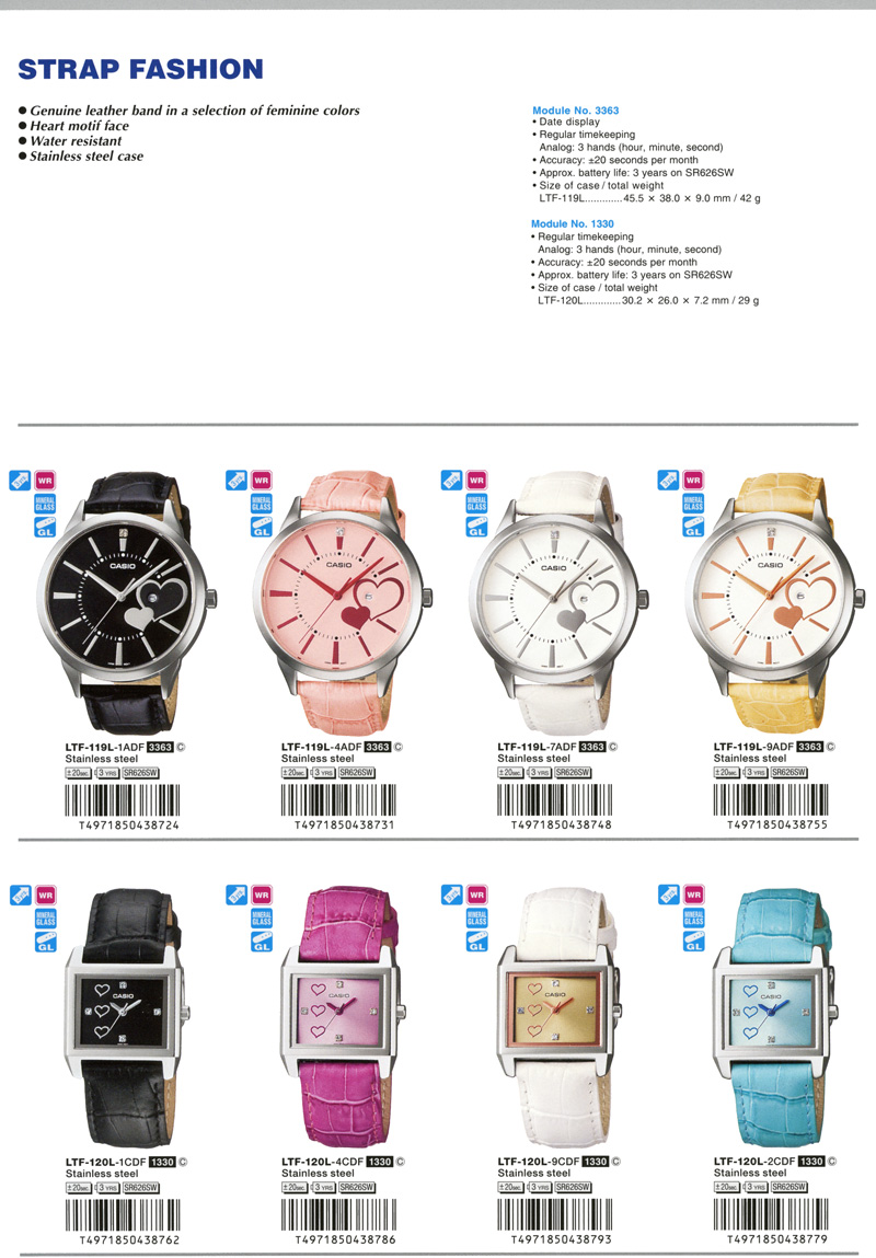 Standard Analog, Strap fashion, Genuine leather band, feminine colors, heart motif face, stainless steel case, LTF-119L-1A, LTF-119L-4A, LTF-119L-7A, LTF-119L-9A, LTF-120L-1C, LTF-120L-4C, LTF-120L-9C, LTF-120L-2C