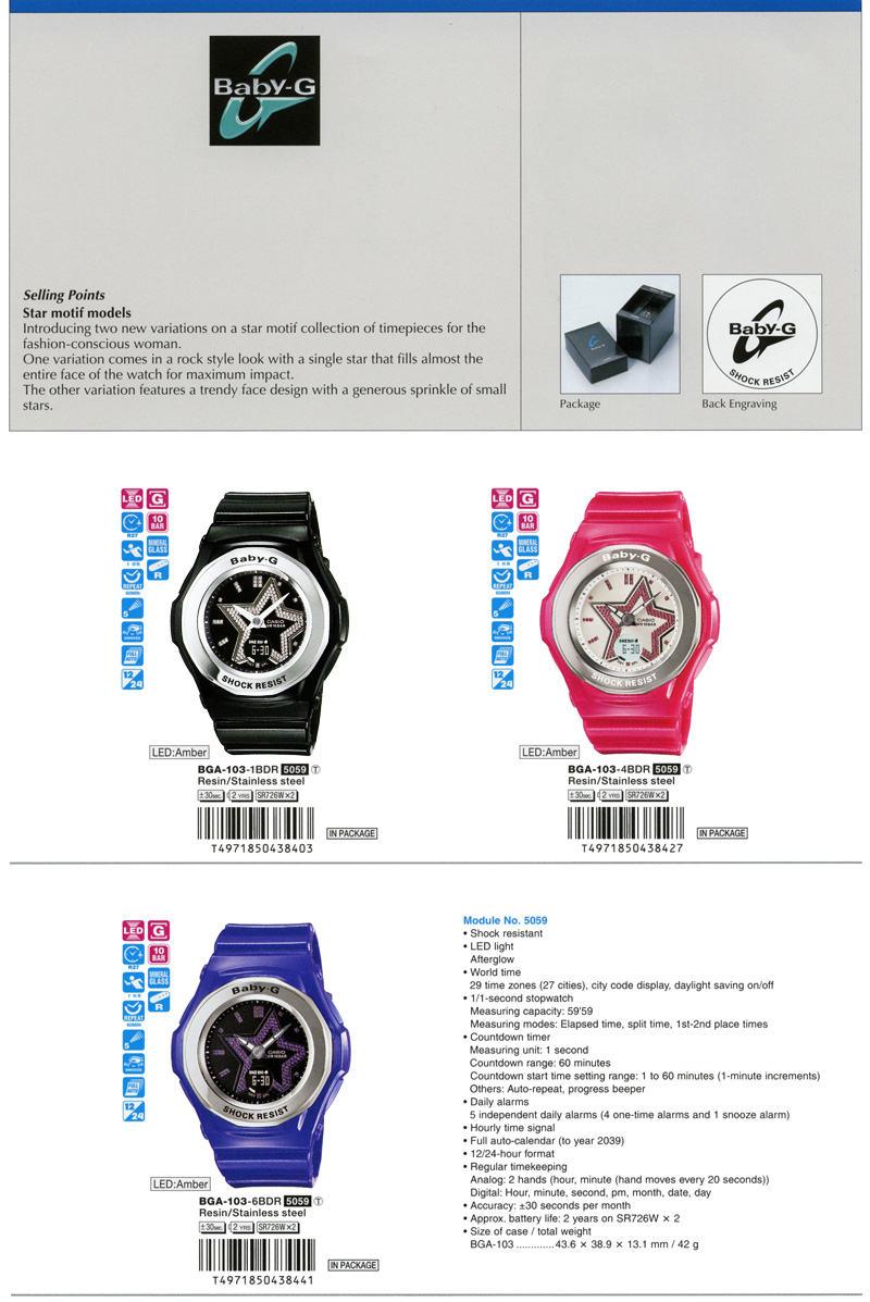 Baby-G, Star motif models, fashion-conscious woman, rock style, trendy face design, generous sprinkle, BGA-103-1B, BGA-103-4B, BGA-103-6B