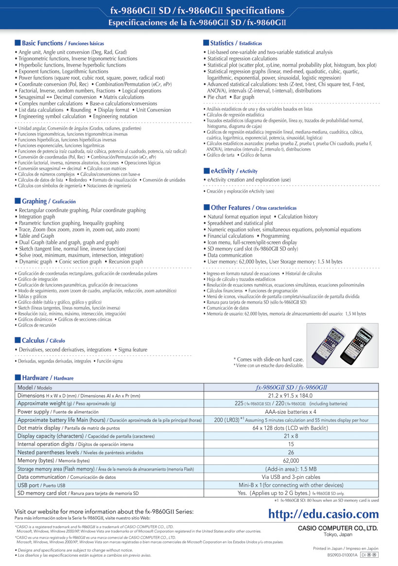 Calculators, Graphic Scientific Calculators, eActivity, Statistics, Design, engineer, teacher, Natural-V.P.A.M, 1.5MB, LCD, SD, USB, High-speed CPU,, FX-9860GII SD, FX-9860GII