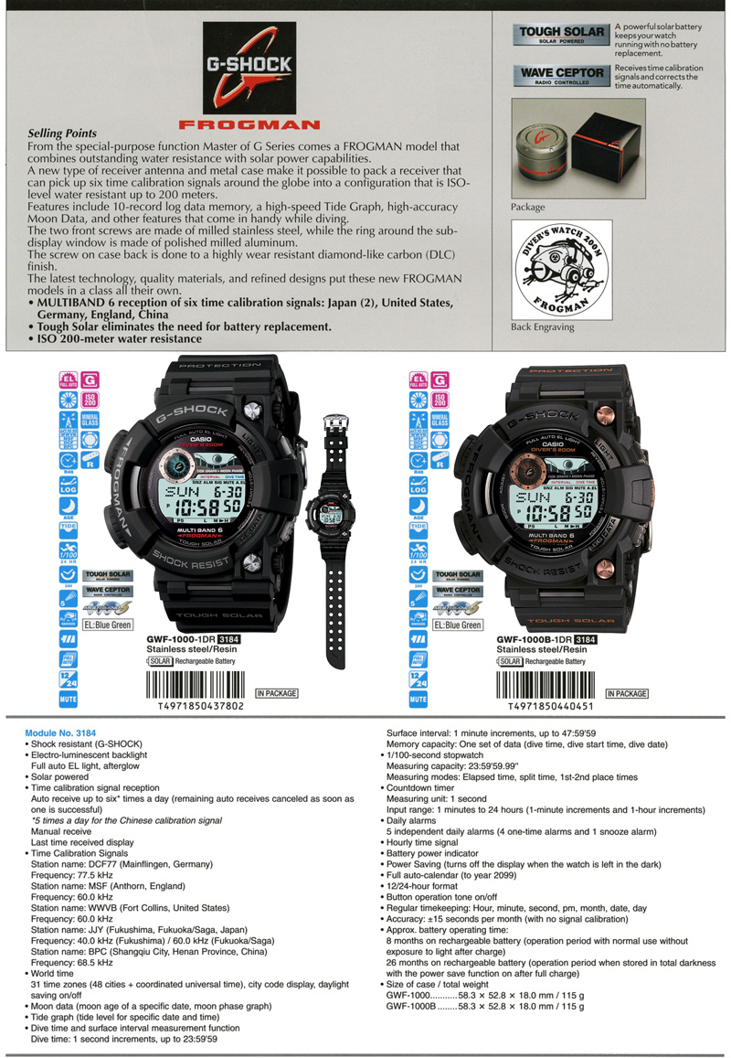 G-SHOCK, Frogman, Multiband6, Tough sola, ISO 200-meter, water resistant, GWF-1000-1, GWF-1000B-1