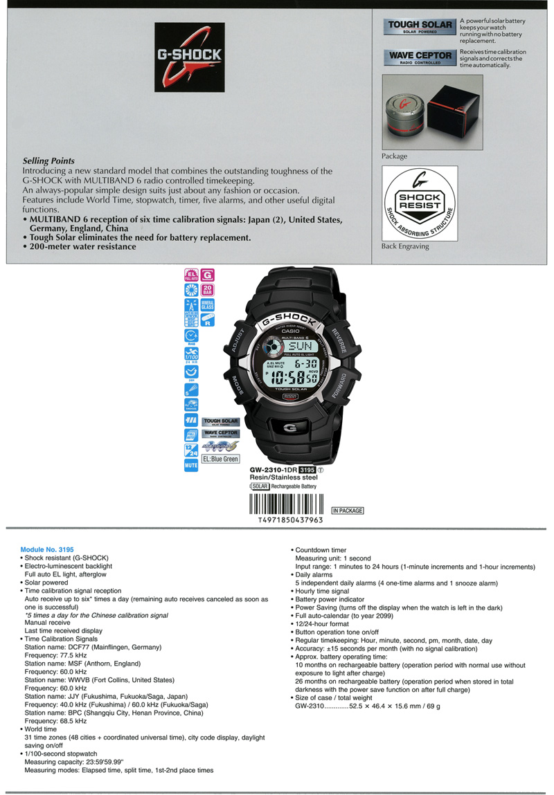 G-SHOCK,  Multiband6, Tough solar, ISO 200-meter, water resistant, GW-2310-1