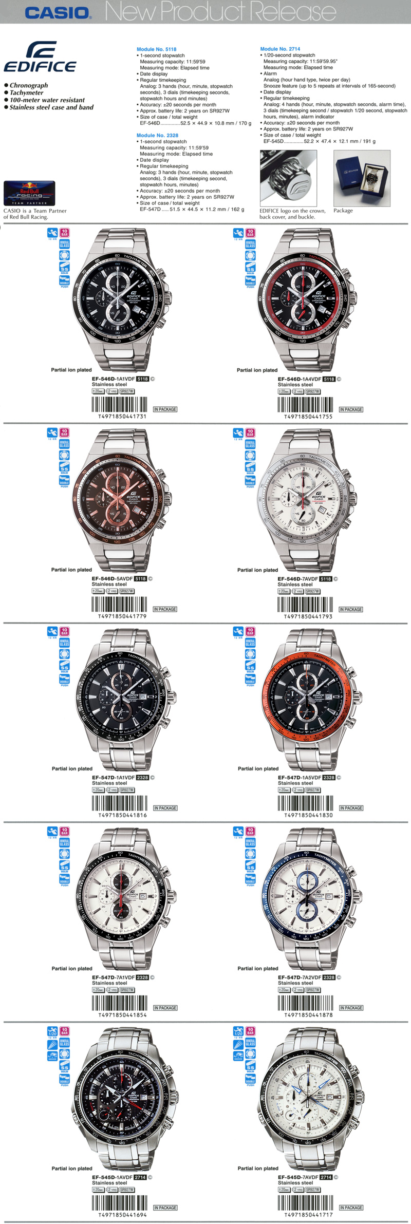 Edifice, Chronograph, Tachymeter, 100-meter, water resistant, stainless steel, EF-546D-1A1V, EF-546D-1A4V, EF-546D-5AV, EF-546D-7AV, EF-547D-1A1V, EF-547-1A5V, EF-547D-7A1V, EF-547D-7A2V, EF-545D-1AV, EF-545D-7AV