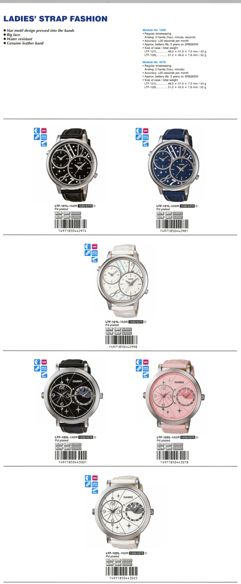 Standard Analog, Ladies strap fashion, star motif, big face, water resistant, Genuine leather band, LTF-121L-1A, LTF-121L-2A, LTF-121L-7A, LTF-122L-1A, LTF-122L-4A, LTF-122L-7A