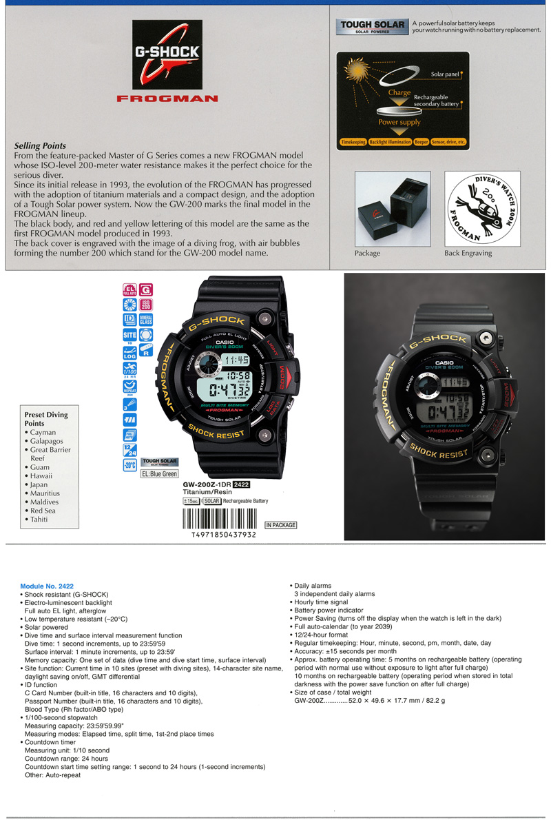 G-Shock, Frogman, Tough solar, ISO-level, 200-meter water resistance, black body, diving frog, air bubbles, GW-200Z-1