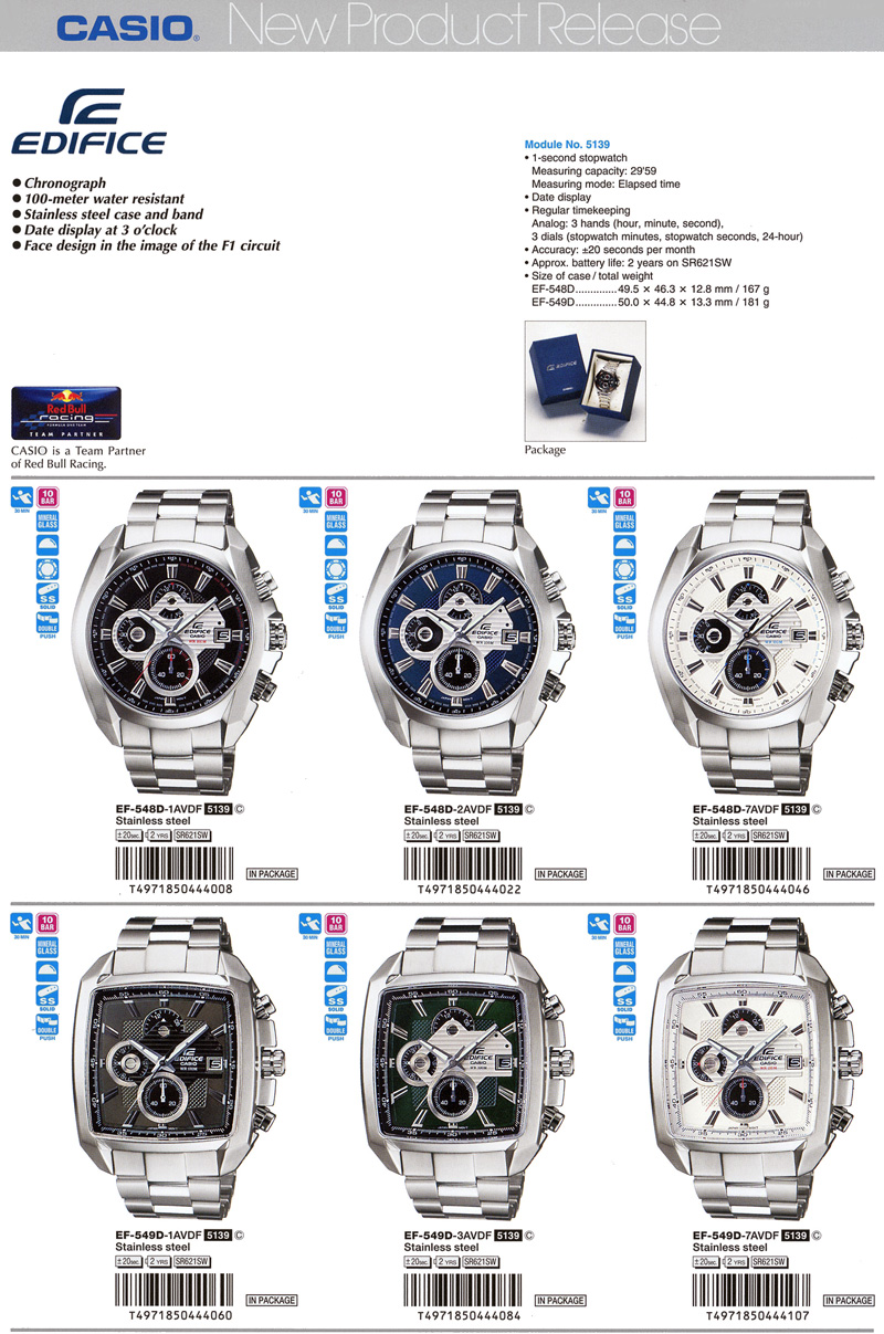 Edifice, chronograp, 100-meter, water resitant, F1 circulti, red bull racing, EF-548D-1AV, EF-548D-2AV, EF-548D-7AV, EF-549D-1AV, EF-549D-3AV, EF-549D-7AV