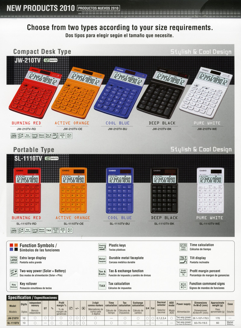 Calculator 2010, compact desk type, Portable Type, Stylish and Cool Design, JW-210TV-RD, JW-210TV-OE, JW-210TV-BU, JW-210V-BK, JW-210TV-WE, SL-1110TV-RD, SL-1110TV-OE, SL-1110TV-BU, SL-1110TV-BK, SL-1110TV-WE