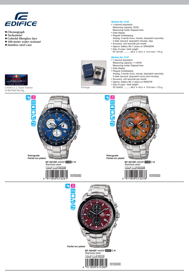Edifice, Chronograph, Tachymeter, colorful fiberglass face, 100-meter, water resistant, stainless steel case, EF-521GF-2AV, EF-521GF-5AV, EF-524GF-4AV