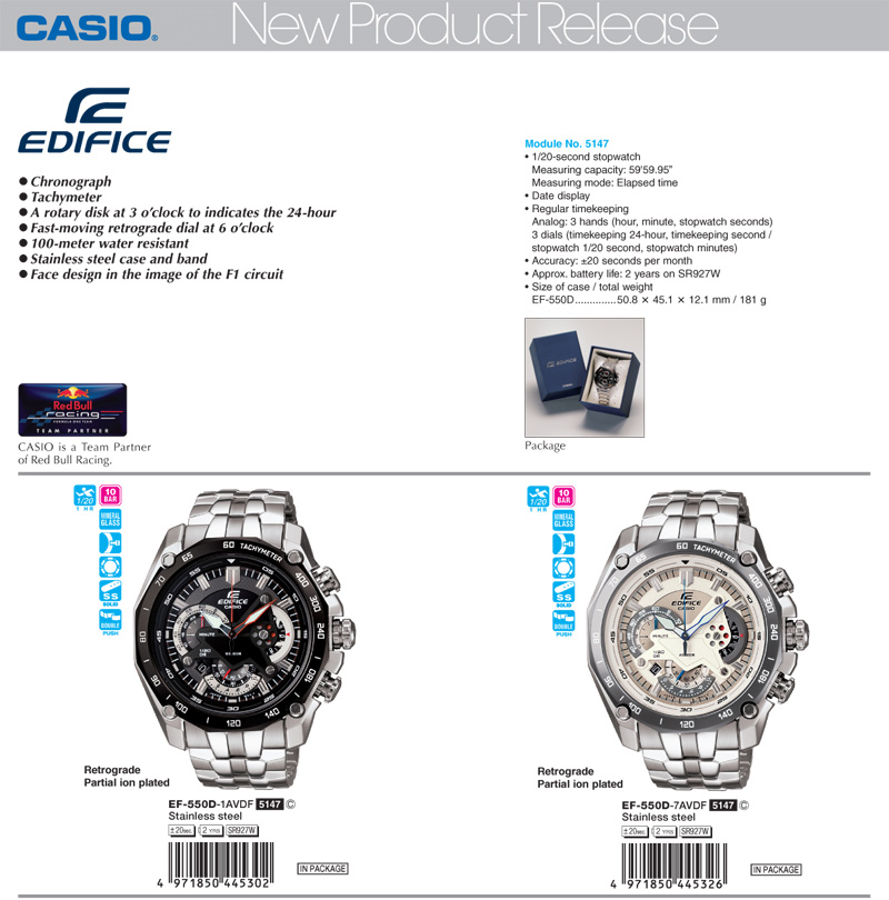 Edifice, Chronograph, Tachymeter, rotary, fast-moving, retrograde dail, 100-meter, water resistant, stainless steel case and band, F1 circuit, EF-550D-1AV, EF-550D-7AV