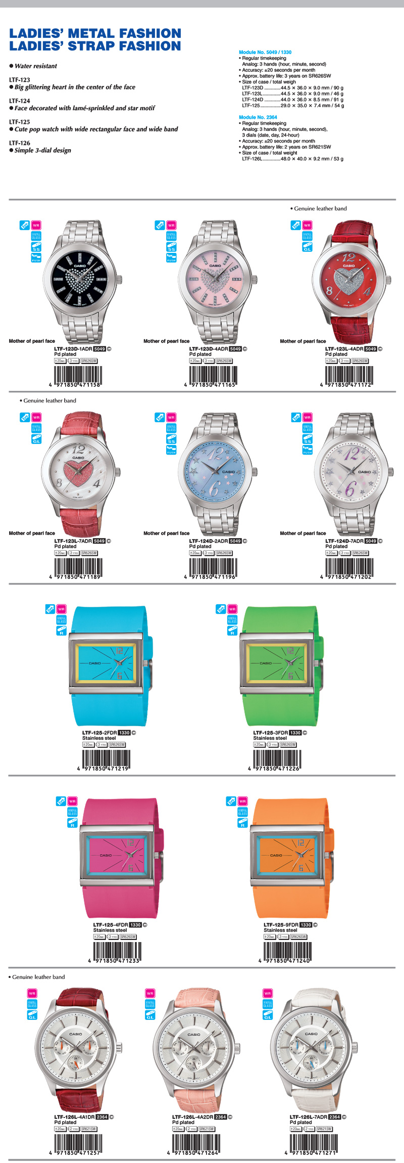 Standard Analog, Ladies metal fashion, strap, water resistant, glittering heart, lame-sprinkled, star motif, cute pop, 3-dial design, LTF-123D-1A, LTF-123D-4A, LTF-123L-4A, LTF-123L-7A, LTF-124D-2A, LTF-124D-7A, LTF-125-2F, LTF-125-3F, LTF-125-4F, LTF-125-9F, LTF-126L-4A1, LTF-126L-4A2, LTF-126L-7A