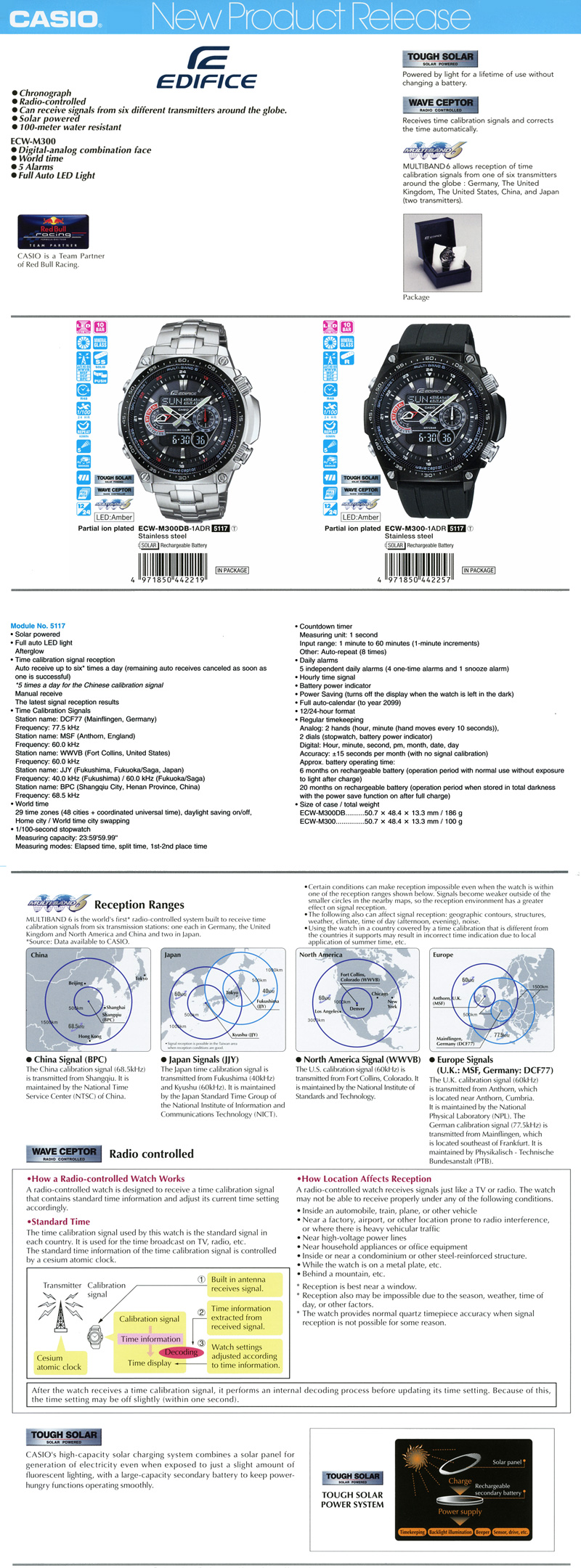 Edifice, TOUGH SOLAR, Wave Ceptor, MULTIBAND6, Chronograph, Radio-controlled, Digital-analog combination, 5 Alarm, Fuall auto LED light, Partial ion plated, ECW-M300DB-1A, ECW-M300-1A