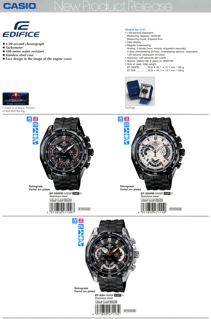 Edifice, Chronograph, Tachymeter, Retrograde, partial ion plated, Red Bull Racing, EF-550PB-1AV, EF-55OPB-7AV, EF-550-1AV