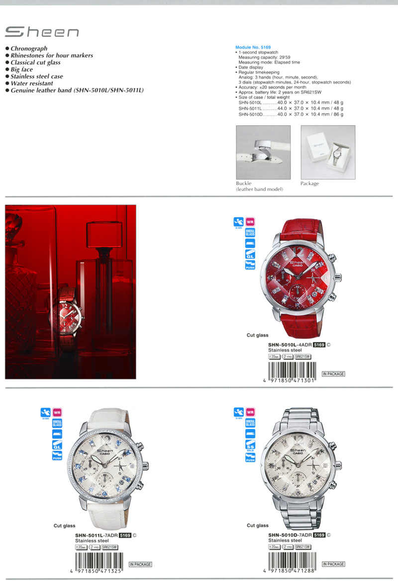 Sheen, Chronograph, rhinestone, Classical cut glass, Big face, Stainless steel case, water resistant, Genuine leather band, SHN-5010L-4A, SHN-5011L-7A, SHN-5010D-7A