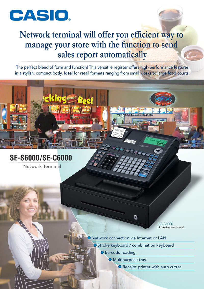 Electronic Cash Register, Network Terminal, Stroke keyboard model, Barcode reading, Multipurpose tray, Receipt printer with auto cutter, SES6000, SEC6000, SE-S6000, SE-C6000
