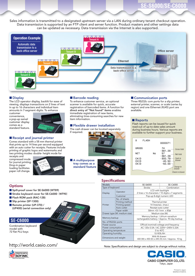 Electronic Cash Register, Network Terminal, Stroke keyboard model, Barcode reading, Multipurpose tray, Receipt printer with auto cutter, SES6000, SEC6000, SE-S6000, SE-C6000