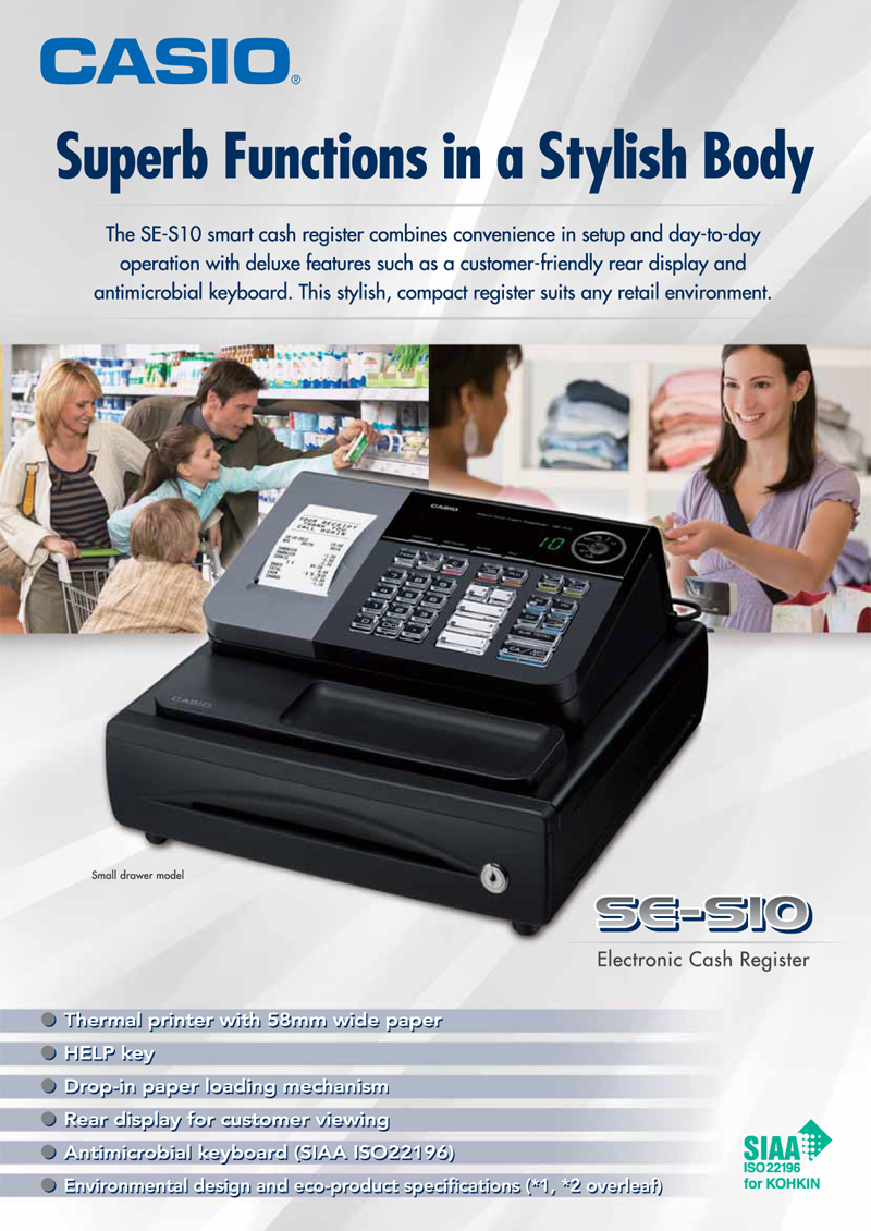 Electronic Cash Register, Thermal printer, eco-product, small drawer model, Superb Function, Stylish Body, antimicrobial keyboard, Rear display for customer viewing, KELP key, SES10, SE-S10
