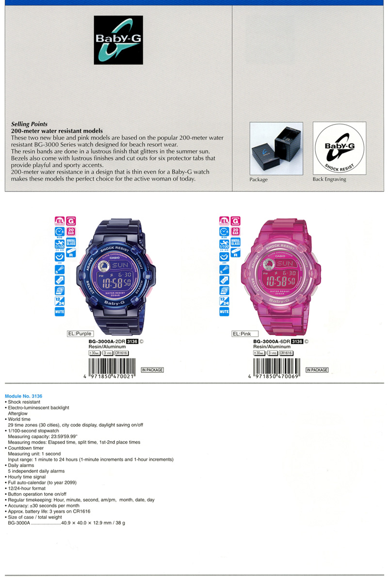 Baby-G, 200-meter water resistant, beach resort wear, glitters, palyful and sporty accents, BG-3000A-2, BG-3000A-6