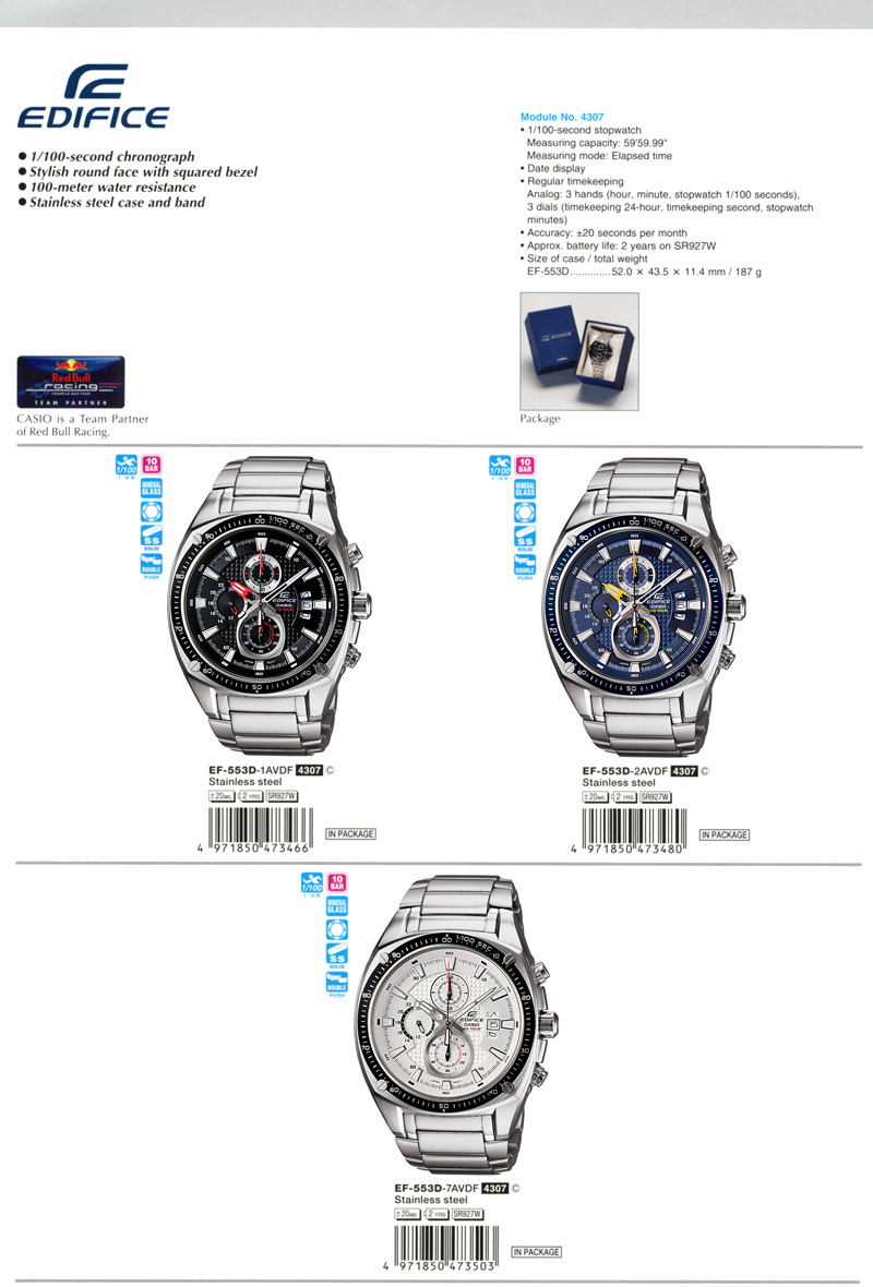 Edifice, chronograph, stylish round face, squared bezel, 100-meter water resistance, Stainless steel, EF-553D-1AV, EF-553D-2AV, EF-553D-7AV