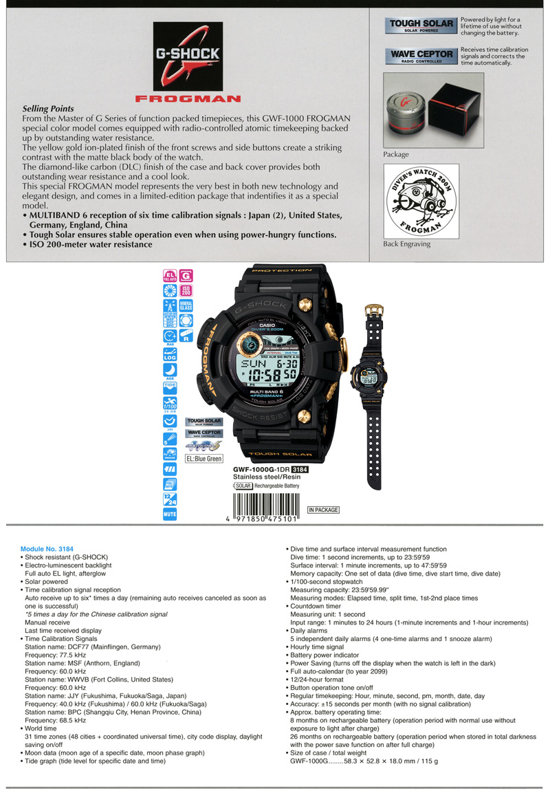 Watch, G-Shock, DIVER'S, FROGMAN, Tough Solar, Wave Ceptor, diamond-like carbon, Multiband6, ISO 200-meter water resistance, GWF-1000G-1