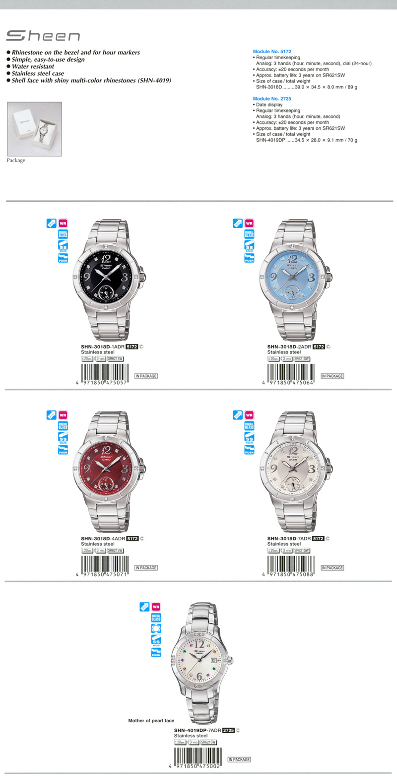 SHEEN, Rhinestone, hour markers, simple, water resistant, stainless steel case, shell face, shiny multi-color rhinestones, SHN-3018D-1A, SHN-3018D-2A, SHN-3018D-4A, SHN-3018D-7A, SHN-4019DP-7A