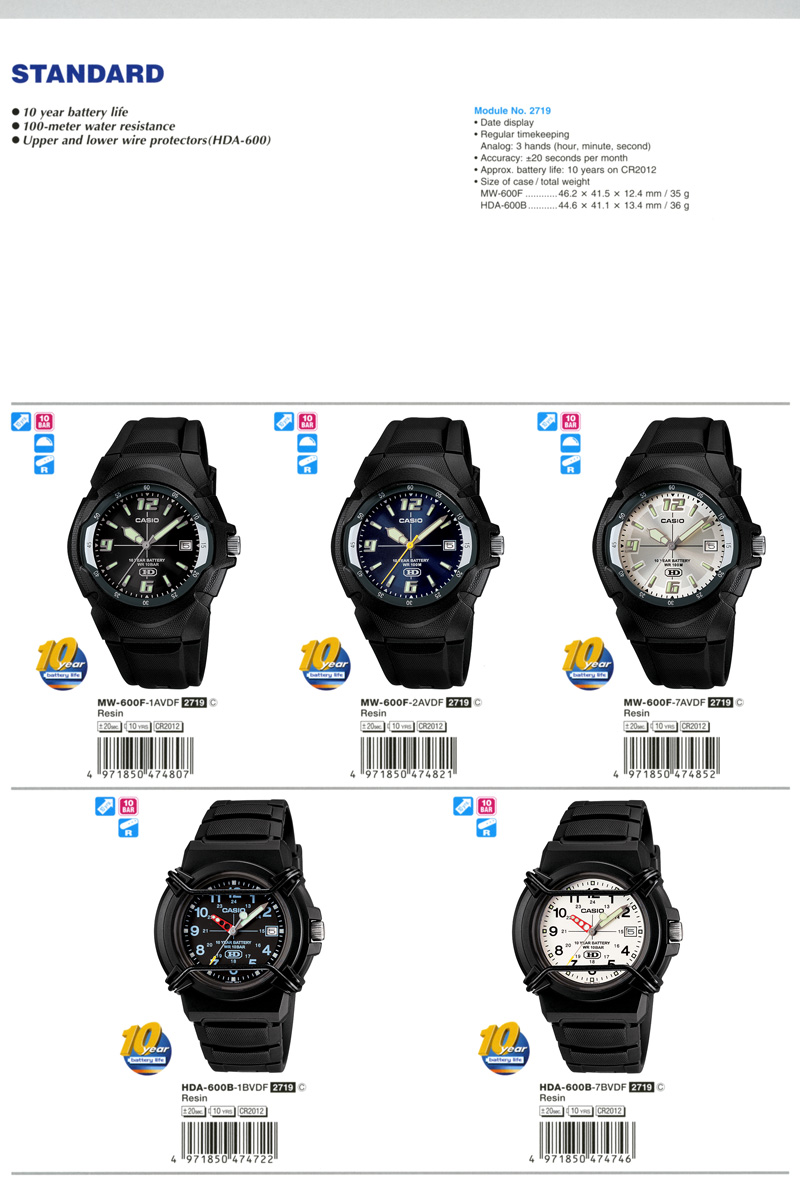 Standard Analog, 10-year battery life, 100-meter water resistance, upper and lower wire protector, MW-600F-1AV, MW-600F-2AV, MW-600F-7AV, HDA-600B-1BV, HDA-600B-7BV