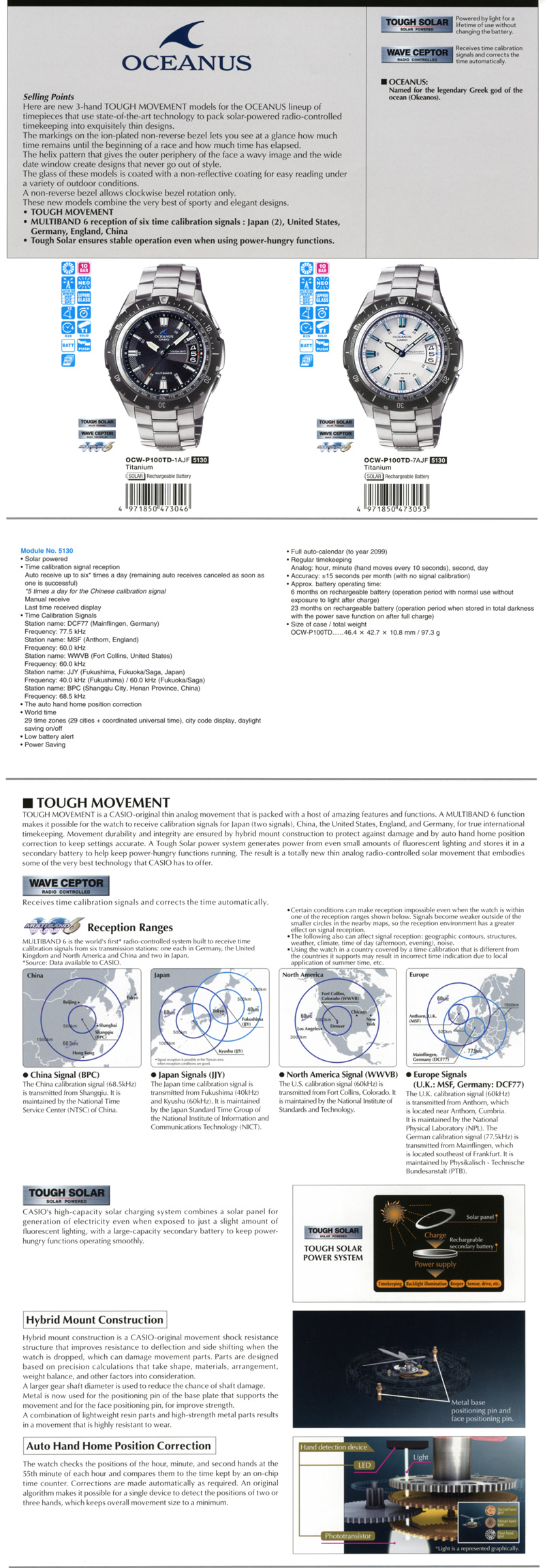 OCEANUS, Tought movement, wave ceptor, multiband6, tough solar, 3-hand, exquisitely thin designs, non-reverse bezel, sporty and elegant designs, OCW-P100TD-1A, OCW-P100TD-7A